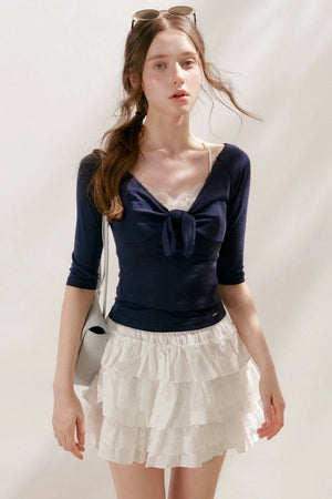 French Wave Lace Bow Blouse