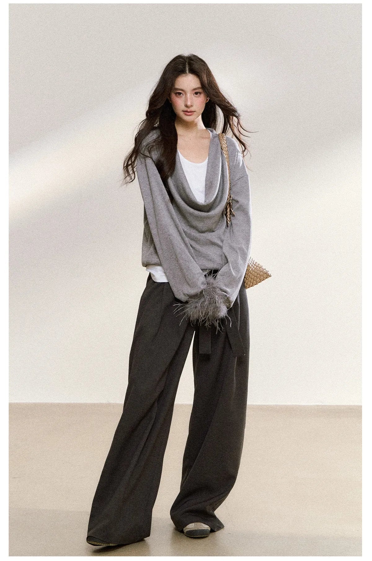 Cowl Neck Knit Top with Faux Fur Cuffs