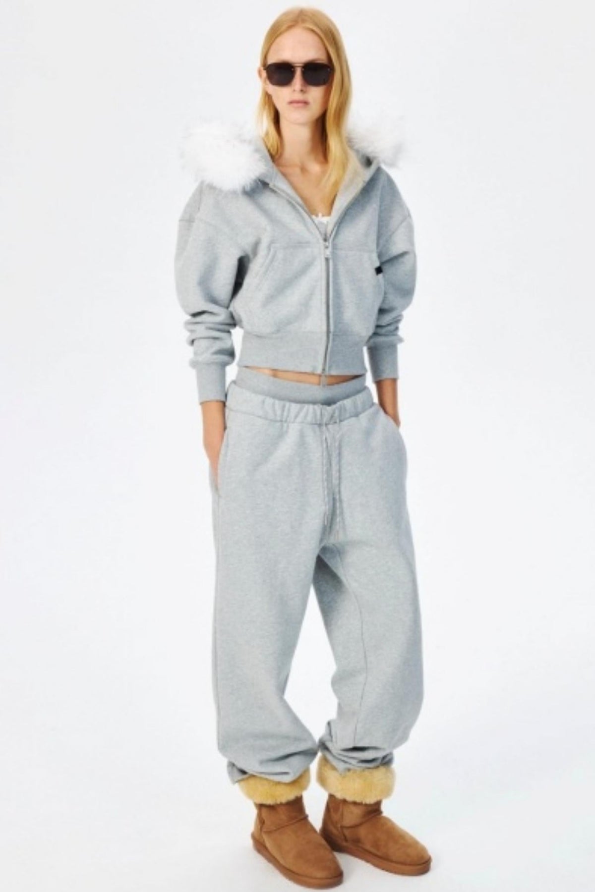 Fur Collar Hooded Sweatshirt Set-Up