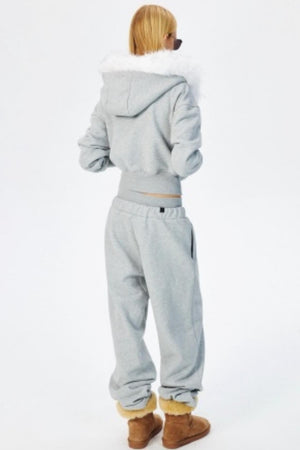 Fur Collar Hooded Sweatshirt Set-Up