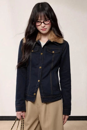 Fur Collar Patchwork Denim Jacket