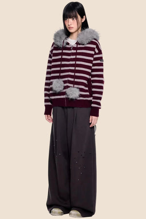 Fur Collar Striped Knit Cardigan