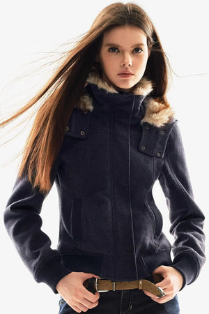 Fur Collar Textured Hooded Jacket
