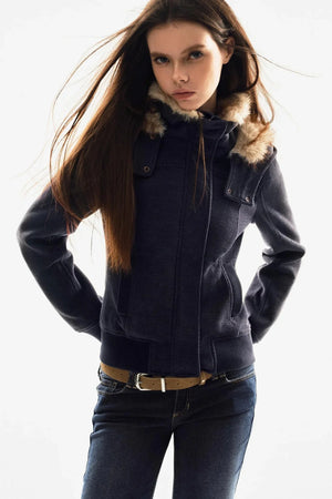 Fur Collar Textured Hooded Jacket