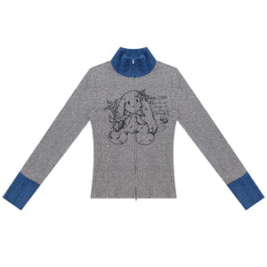 Fur Collar Zipper Rabbit Print Turtleneck Knitted Top