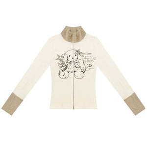 Fur Collar Zipper Rabbit Print Turtleneck Knitted Top