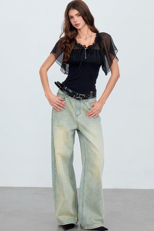 Gauze Patchwork Ruffle Top