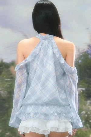 Gentle Plaid Off-Shoulder Halter Top Set-Up