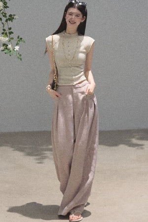 Gold Silk Linen Wide-Leg Pants
