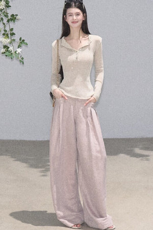 Gold Silk Linen Wide-Leg Pants