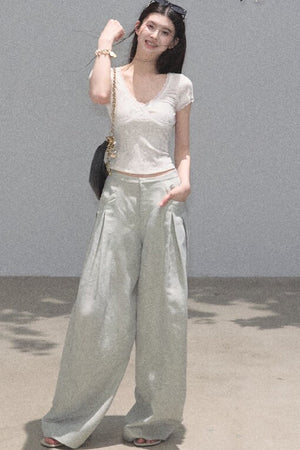 Gold Silk Linen Wide-Leg Pants