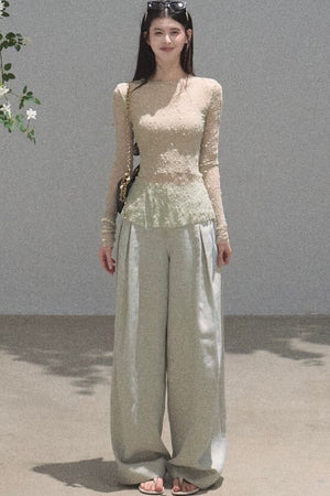 Gold Silk Linen Wide-Leg Pants