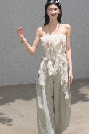 Gold Silk Linen Wide-Leg Pants