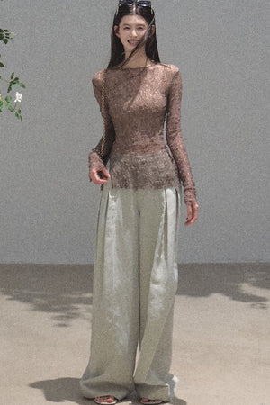 Gold Silk Linen Wide-Leg Pants