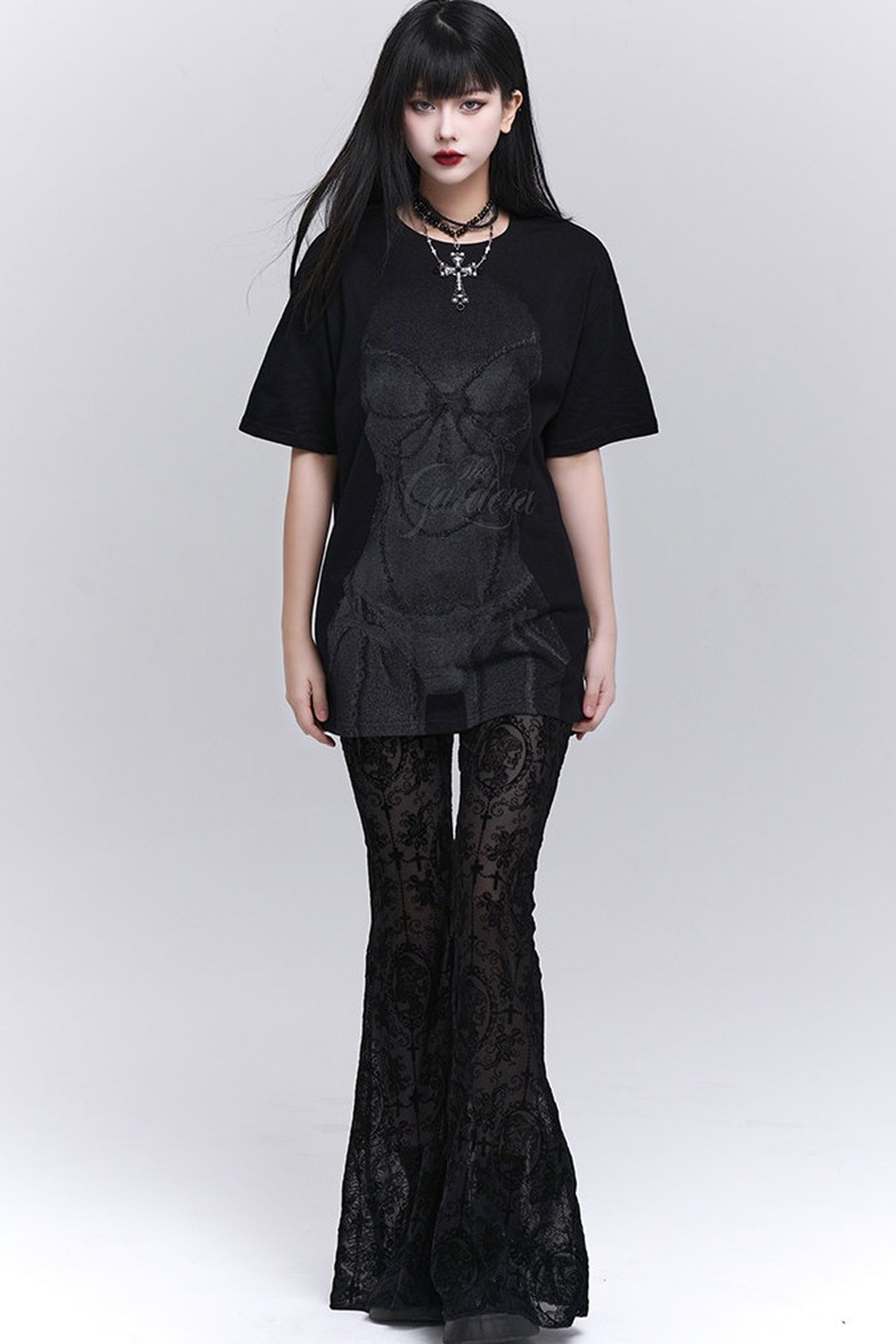 Gothic Black Lace Flared Pants