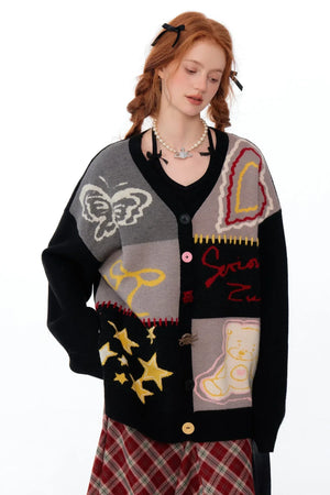 Graffiti Contrast V-Neck Cardigan