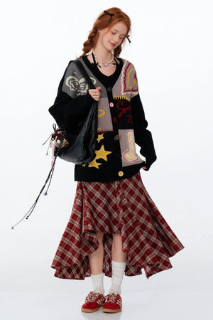Graffiti Contrast V-Neck Cardigan