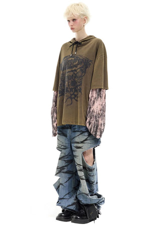 Graffiti Layered Distressed Jeans