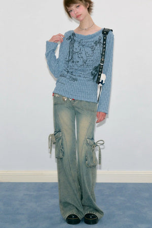 Graffiti Rabbit Cowl Neck Knit Blouse