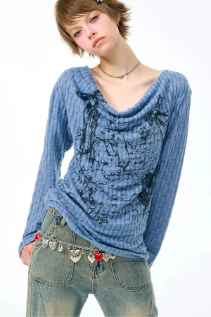 Graffiti Rabbit Cowl Neck Knit Blouse
