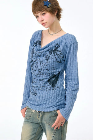 Graffiti Rabbit Cowl Neck Knit Blouse