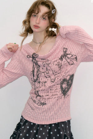 Graffiti Rabbit Cowl Neck Knit Blouse