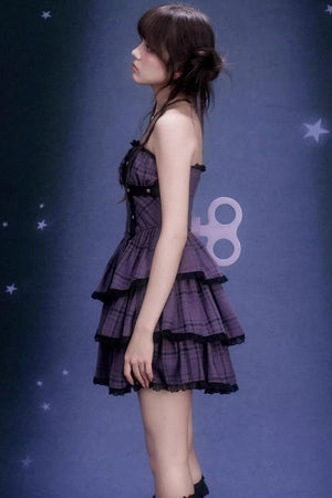 Grape Purple Plaid Strapless Dress Set-Up