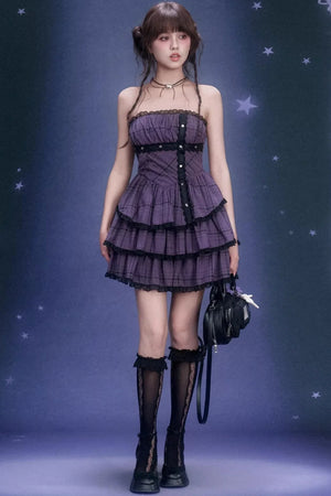 Grape Purple Plaid Strapless Dress Set-Up