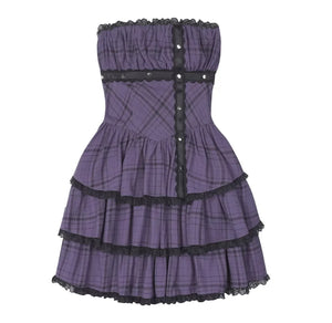 Grape Purple Plaid Strapless Dress Set-Up