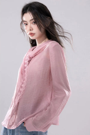 Grapefruit Powder Lace Trim Shirt