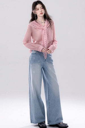 Grapefruit Powder Lace Trim Shirt