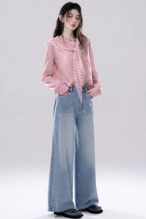 Grapefruit Powder Lace Trim Shirt