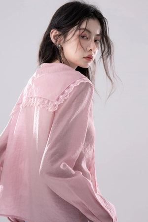 Grapefruit Powder Lace Trim Shirt