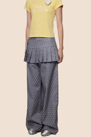 Gray And Yellow Polka Dots Pleated Skirt-Pants Set