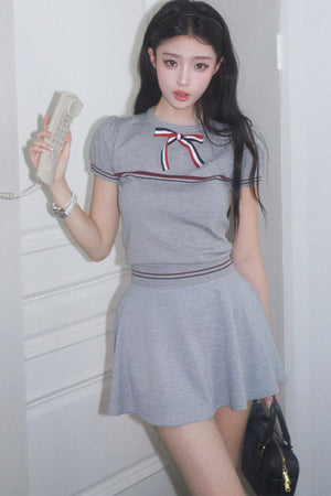 Gray Bow-Knit Top and Skirt Set-Up