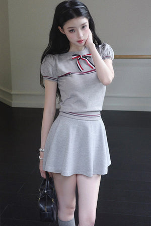 Gray Bow-Knit Top and Skirt Set-Up