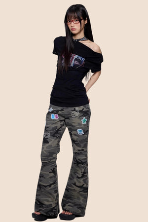 Gray Camouflage Flare Jeans
