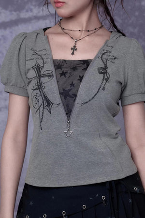 Gray Cross Hooded Top