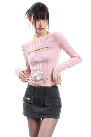 Gray Cut Out Knit Top