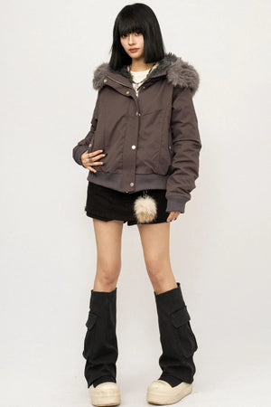 Gray Detachable Fur Collar Parka Coat