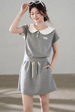 Gray Doll Collar Short-Sleeve Top and Skirt Set-Up