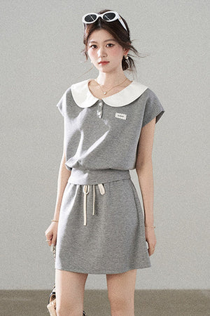 Gray Doll Collar Short-Sleeve Top and Skirt Set-Up