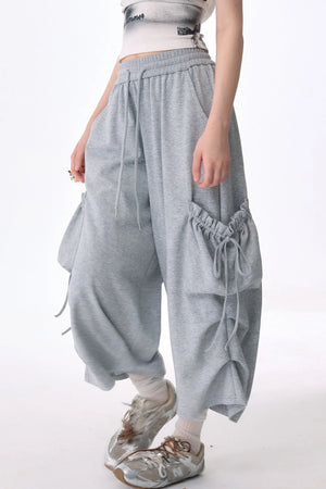 Gray Drawstring Pocket Wide Leg Sweatpants