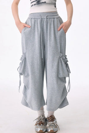 Gray Drawstring Pocket Wide Leg Sweatpants
