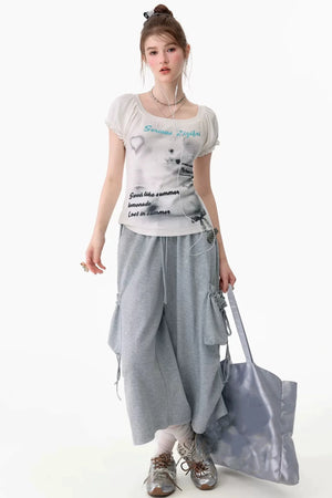 Gray Drawstring Pocket Wide Leg Sweatpants