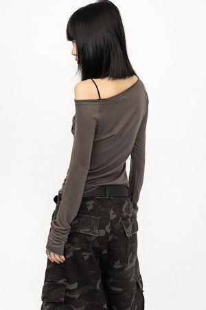 Gray Graphic Off-Shoulder Long Sleeve Top