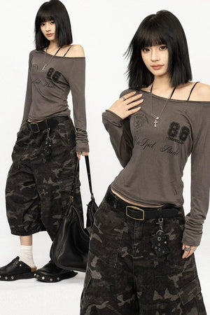 Gray Graphic Off-Shoulder Long Sleeve Top