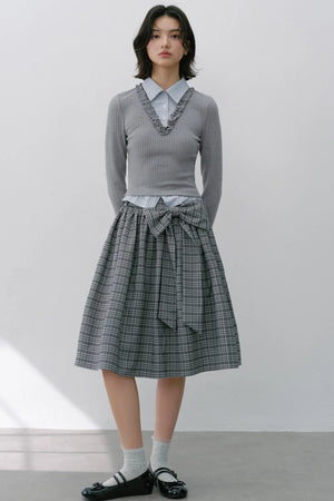 Gray Knit Patchwork Vertical Striped Fungus Edge Top