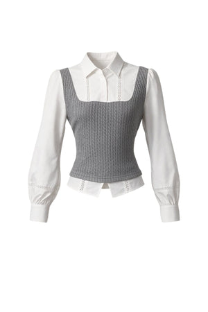 Gray Knit Vest Blouse and Skirt Set-Up