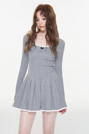 Gray Lace Bow-Detail U-Neck Dress